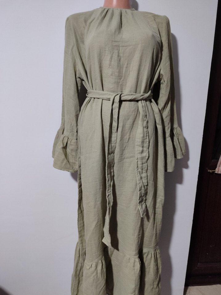 Bej Uzun Muslin Elbise Fırfırlı - Görsel 3