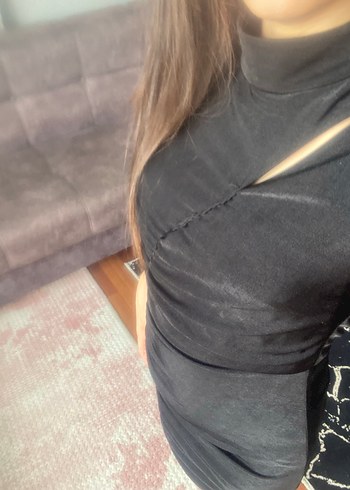 Uzun Kollu Drapeli Siyah Kadın Elbise - Görsel 2