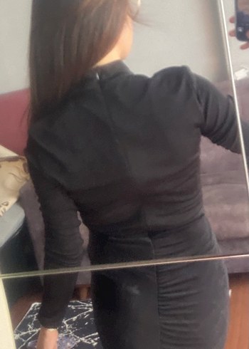 Uzun Kollu Drapeli Siyah Kadın Elbise - Görsel 3