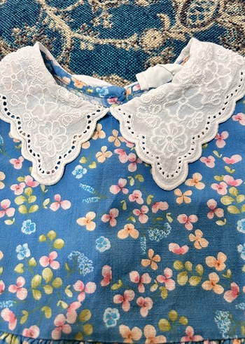 5 Yaş Beden mavi Renk Dantel Yakalı Vintage Mavi Kız Elbisesi