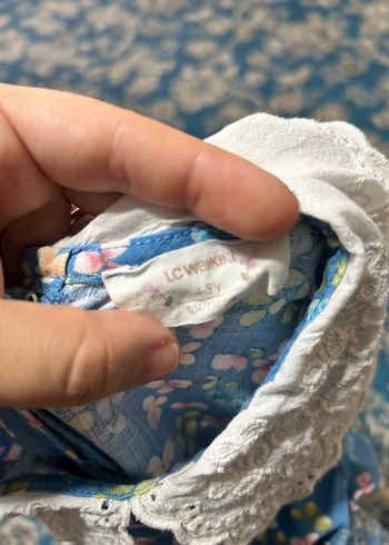 5 Yaş Beden Dantel Yakalı Vintage Mavi Kız Elbisesi