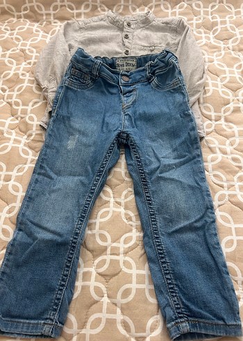 Gri Uzun Kollu Denim Bebek Takımı - Görsel 2