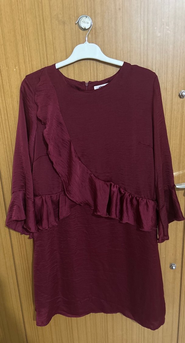 Bordo Volanlı Midi Kadın elbise - Görsel 2