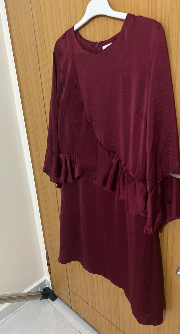 Bordo Volanlı Midi Kadın elbise - Görsel 3