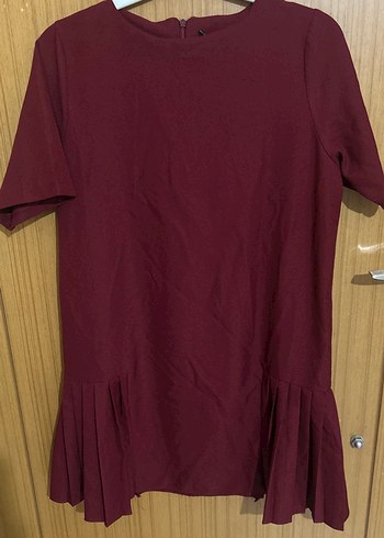 Bordo Kadın Kısa Kollu Pileli elbise - Görsel 3