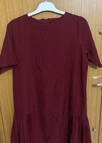 Bordo Kadın Kısa Kollu Pileli elbise - Görsel 2