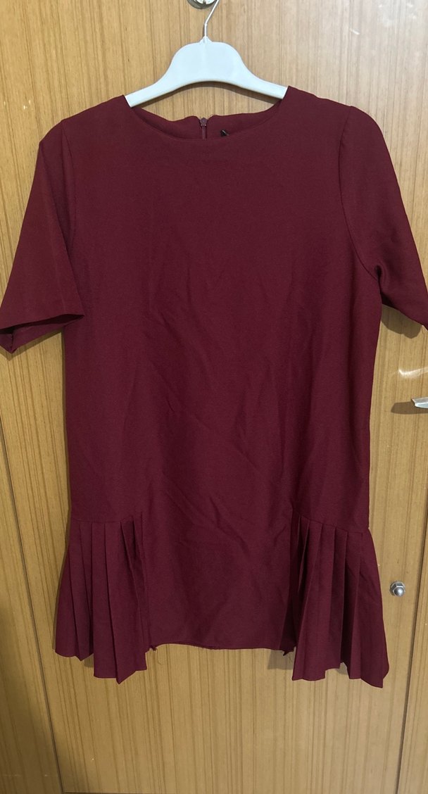 Bordo Kadın Kısa Kollu Pileli elbise - Görsel 3