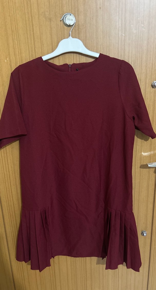 Bordo Kadın Kısa Kollu Pileli elbise - Görsel 2