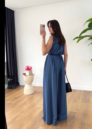 Zara Kadın Mavi Kemerli Uzun Denim Tulum