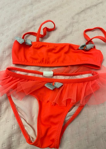 Kız Çocuk Parlak pembe turuncu arası bikini neon mavi - Görsel 2