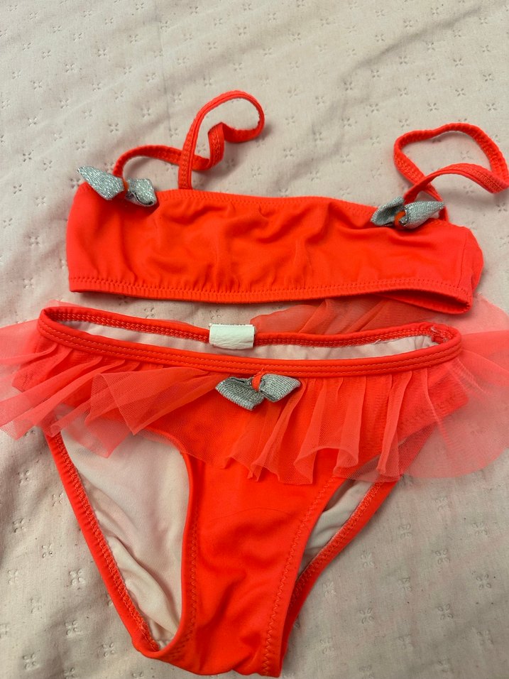 Kız Çocuk Parlak pembe turuncu arası bikini neon mavi - Görsel 2