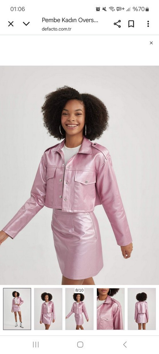 etiketli Parlak Pembe Kadın Deri Mini Ceket - Görsel 2