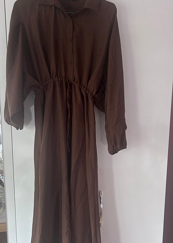Kahverengi Uzun Keten Kadın Elbise