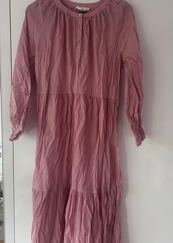 Pembe Uzun Keten Elbise, Pilili, Bohem Tarz