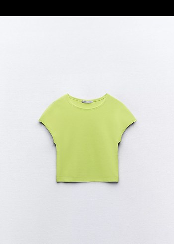 Zara Canli Limon Yesili Kisa Kollu Crop Tisort