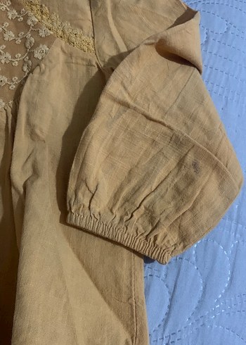 Hardal sarı Nakışlı Keten Kız Bluzu gömlek - Görsel 4