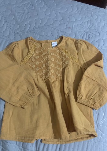 Hardal sarı Nakışlı Keten Kız Bluzu gömlek - Görsel 2