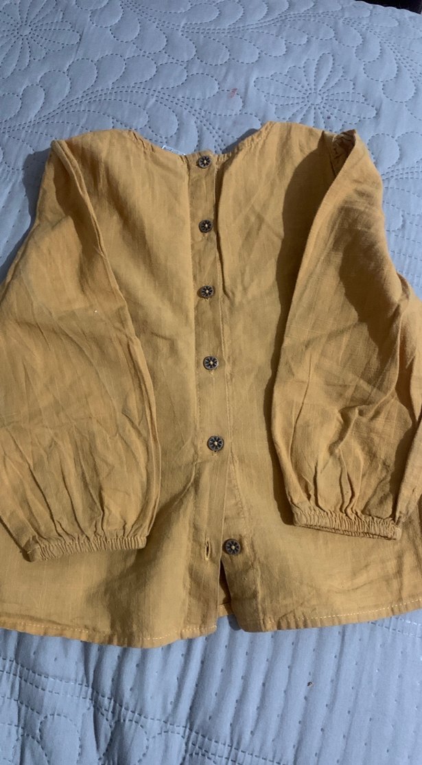 Hardal sarı Nakışlı Keten Kız Bluzu gömlek - Görsel 5