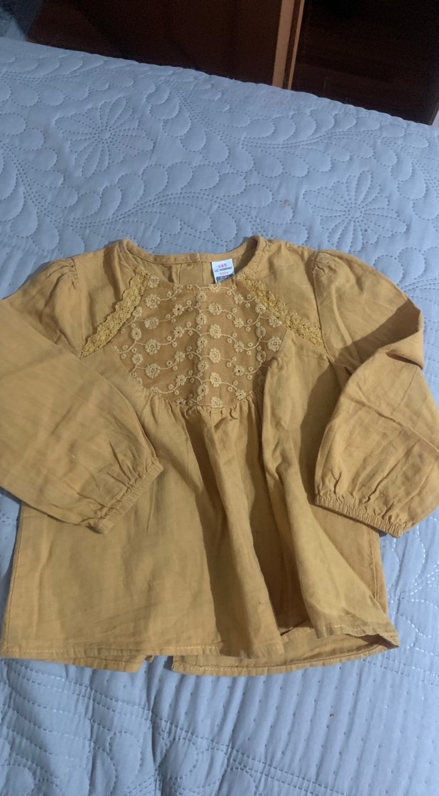 Hardal sarı Nakışlı Keten Kız Bluzu gömlek - Görsel 2