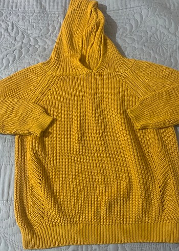 Sarı Örgü Kadın Kapüşonlu Kazak - Görsel 2