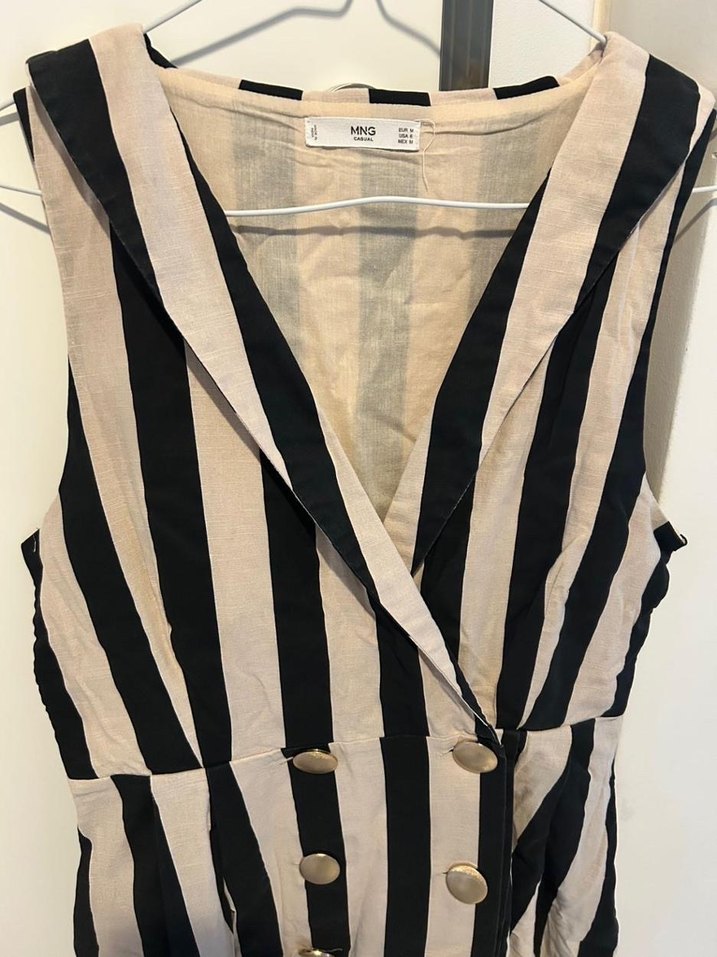 Mango Düğmeli Çizgili Keten Uzun Elbise - Görsel 3