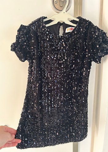 Kız Çocuk Siyah Pul Payet Kısa Kollu Elbise - Görsel 2