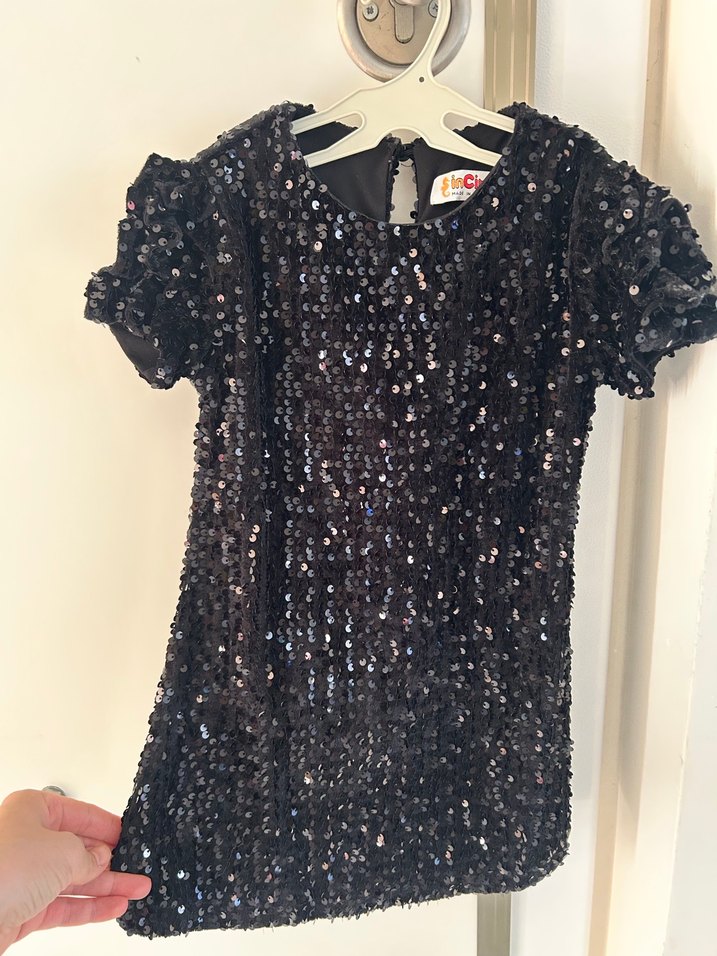 Kız Çocuk Siyah Pul Payet Kısa Kollu Elbise - Görsel 2