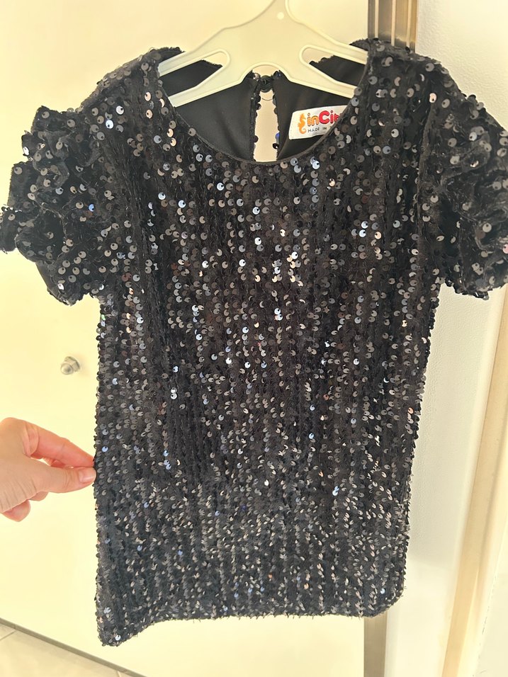 Kız Çocuk Siyah Pul Payet Kısa Kollu Elbise - Görsel 3