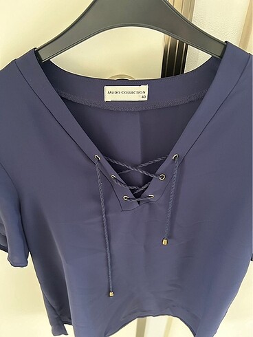 Mudo lacivert V yaka bluz - Görsel 2