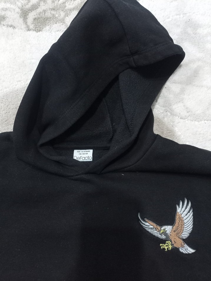 Nakışlı Kapüşonlu Siyah Sweatshirt - Görsel 5