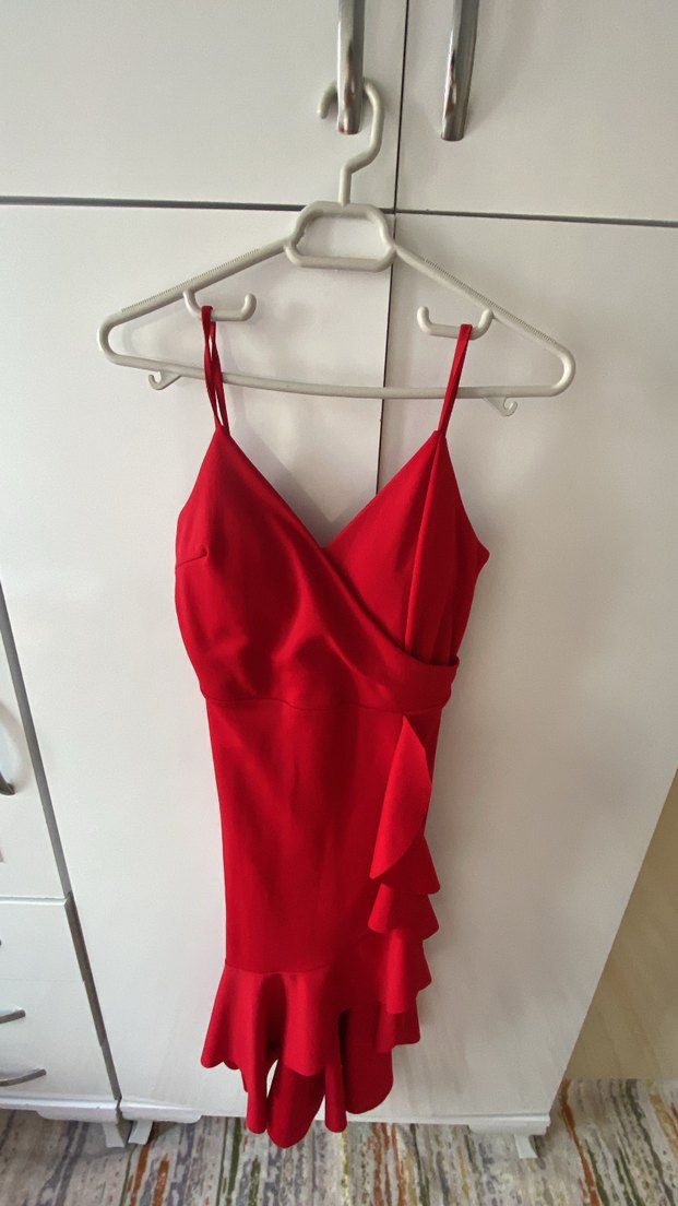 Kırmızı Drapeli Midi V Yakalı Abiye - Görsel 2