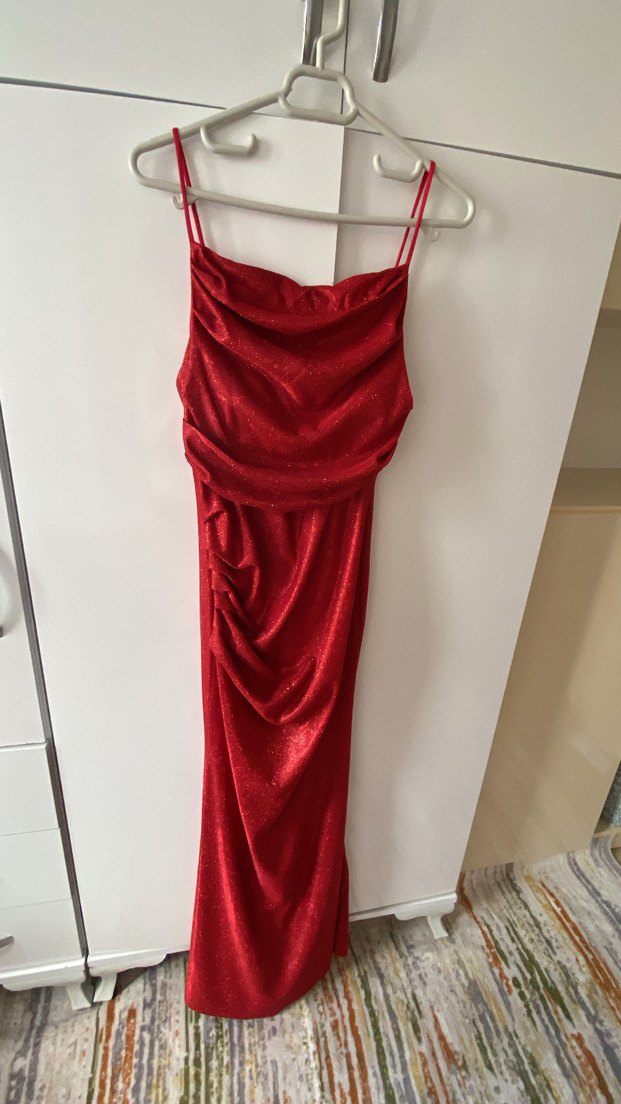 Parlak Kırmızı Drapeli Uzun Abiye Elbise - Görsel 2