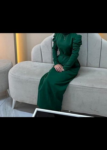 Yeşil Uzun Kollu Drapeli Uzun Elbise - Görsel 2