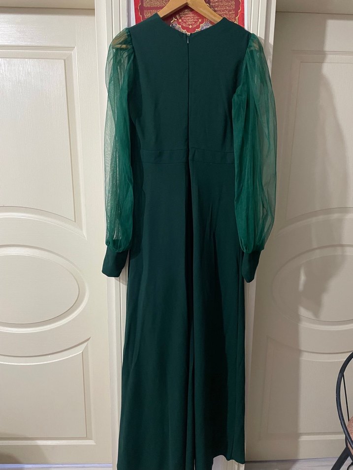 Uzun Kollu Yeşil V Yaka Uzun Elbise - Görsel 3