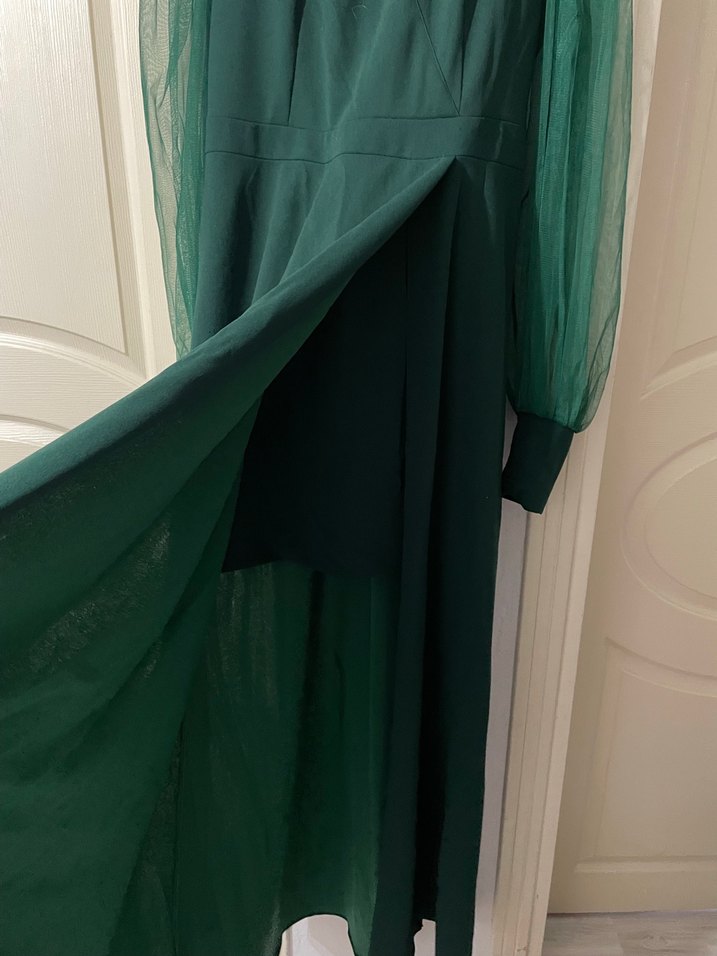 Uzun Kollu Yeşil V Yaka Uzun Elbise - Görsel 2