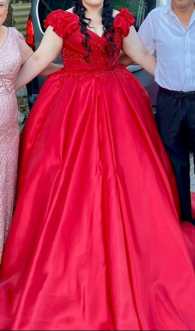 Kırmızı V Yaka Nakışlı Abiye Elbise - Görsel 3