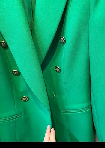 Uzun Kesim Yeşil Kadın Blazer Ceket - Görsel 2
