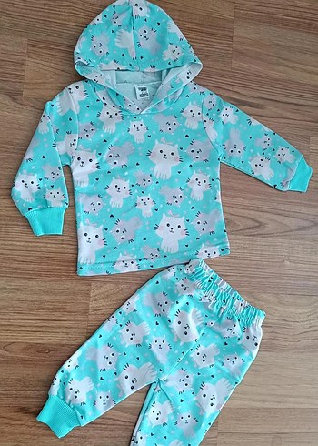 Turkuaz Kapüşonlu Baskılı  Bebek Kız Takımı - Görsel 3