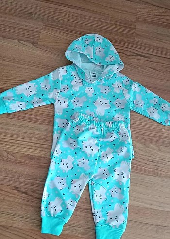 Turkuaz Kapüşonlu Baskılı  Bebek Kız Takımı - Görsel 5