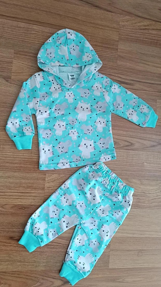 Turkuaz Kapüşonlu Baskılı  Bebek Kız Takımı - Görsel 3