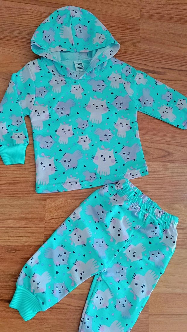 Turkuaz Kapüşonlu Baskılı  Bebek Kız Takımı - Görsel 2