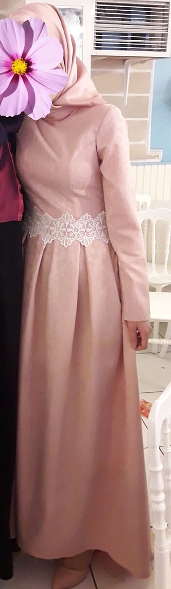 Pudra 36 beden dantel detaylı abiye elbise