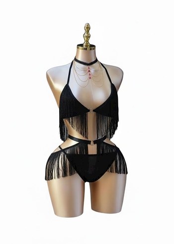 Siyah Püsküllü Mini Gotik Kadın Pijama Takımı - Görsel 4