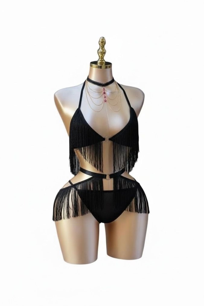 Siyah Püsküllü Mini Gotik Kadın Pijama Takımı - Görsel 4