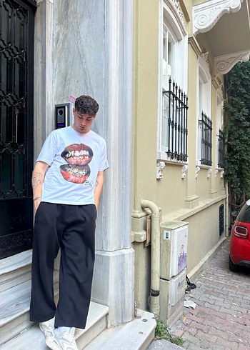 Gri Baskılı Oversize Erkek Tişört - Ana görsel