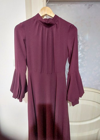 s Beden Bordo Uzun Kollu Drapeli Uzun Elbise