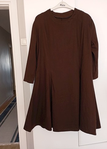 Kahverengi Uzun Kollu Midi Keten Tunik