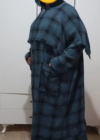 mavi Ekose Desenli Uzun Kadın Kaban - Görsel 2