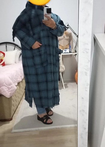 mavi Ekose Desenli Uzun Kadın Kaban - Görsel 5