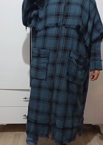 mavi Ekose Desenli Uzun Kadın Kaban - Görsel 6